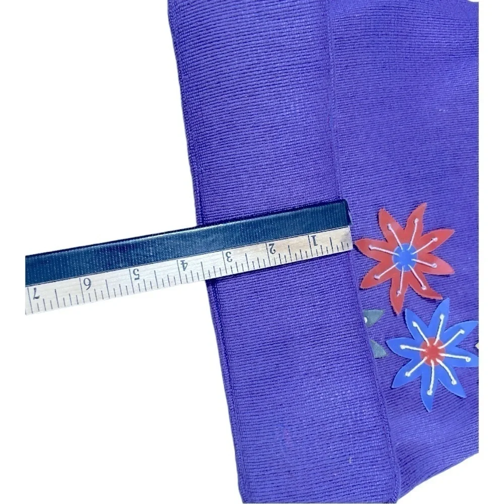 Jute and leather Purple tote bag with leather handle and flowers